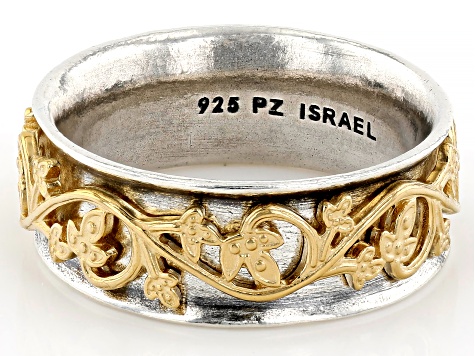 Two Tone Sterling Silver & 14K Yellow Gold Over Silver Floral Detail Spinner Ring