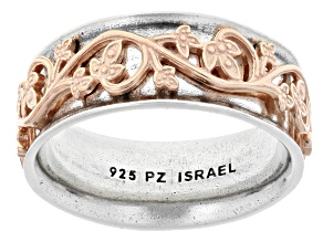 Two Tone Sterling Silver & 14K Rose Gold Over Silver Floral Detail Spinner Ring