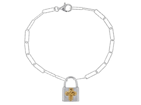 Sterling Silver With 14K Gold Over Silver Cross Locket Charm Bracelet