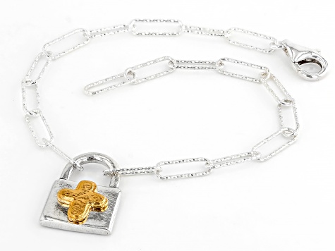 Sterling Silver With 14K Gold Over Silver Cross Locket Charm Bracelet