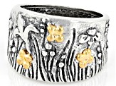 Two Tone Sterling Silver & 14K Gold Over Silver Garden Motif Band Ring