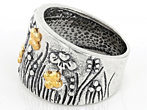 Two Tone Sterling Silver & 14K Gold Over Silver Garden Motif Band Ring