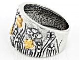 Two Tone Sterling Silver & 14K Gold Over Silver Garden Motif Band Ring