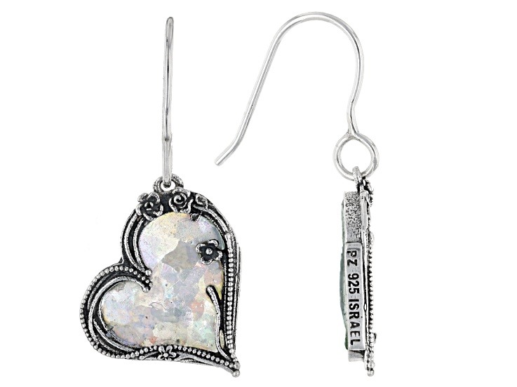 15x13mm Roman Glass Sterling Silver Heart Earrings