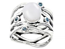 Cultured Freshwater Pearl & Swiss Blue Topaz Sterling Silver Ring 0.16ctw