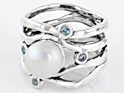 Cultured Freshwater Pearl & Swiss Blue Topaz Sterling Silver Ring 0.16ctw