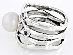 Cultured Freshwater Pearl & Swiss Blue Topaz Sterling Silver Ring 0.16ctw