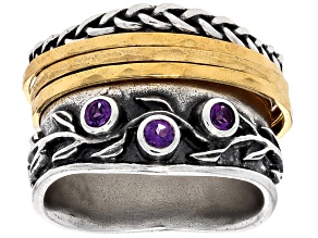Amethyst Two Tone Sterling Silver & 14K Yellow Gold Over Silver Spinner Ring 0.12ctw