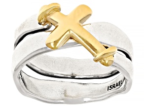 Two Tone Sterling Silver & 14K Gold Over Silver Cross Ring