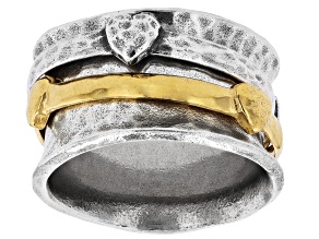 Two Tone Sterling Silver & 14K Gold Over Silver Heart Spinner Ring