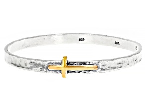 Two Tone Sterling Silver & 14K Gold Over Silver Cross Bangle Bracelet