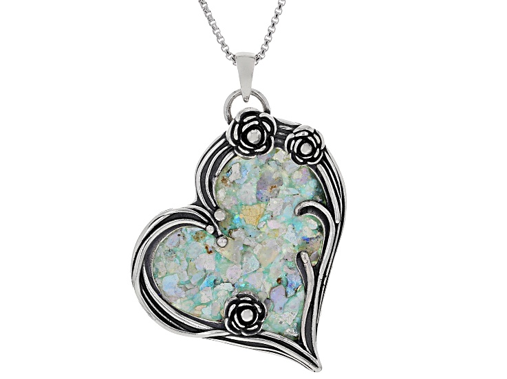 34x32mm Roman Glass Sterling Silver Heart Pendant With 18" Box Chain