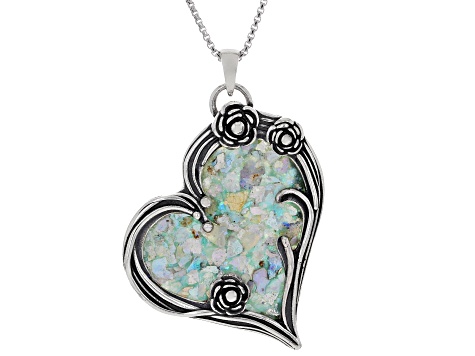 34x32mm Roman Glass Sterling Silver Heart Pendant With 18" Box Chain