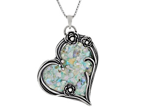 34x32mm Roman Glass Sterling Silver Heart Pendant With 18" Box Chain