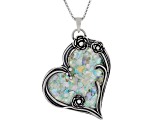 34x32mm Roman Glass Sterling Silver Heart Pendant With 18" Box Chain