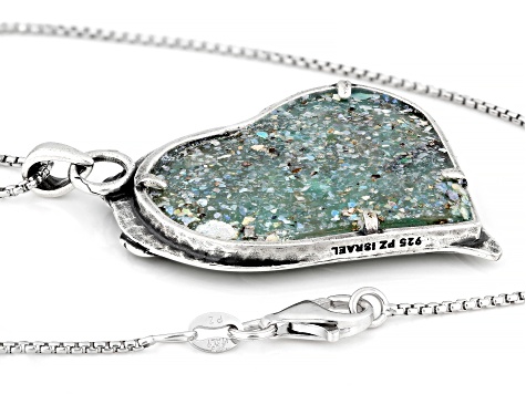 34x32mm Roman Glass Sterling Silver Heart Pendant With 18" Box Chain