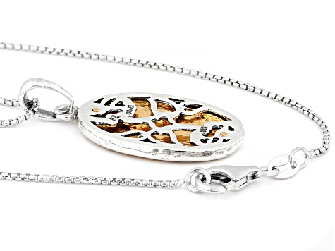 Sterling Silver & 14K Gold Over Sterling Silver Rose Garden Design Pendant With 18" Box Chain