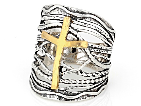 Sterling Silver & 14K Yellow Gold Over Sterling Silver Statement Cross Ring
