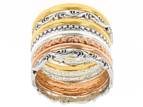 Sterling Silver, 14K Gold Over Silver, Rose Gold Over Silver 8 Piece Stacked Textured Rings