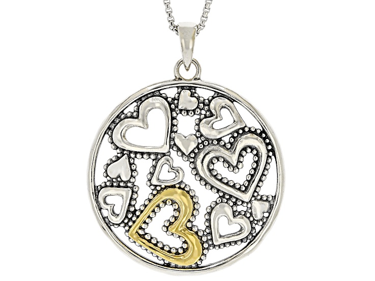 Two Tone Sterling Silver & 14K Gold Over Silver Heart Pendant With 18" Box Chain