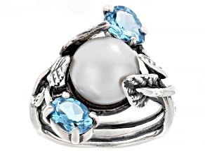 10-10.5mm Cultured Freshwater Pearl & Swiss Blue Topaz Sterling Silver Ring 2.10ctw
