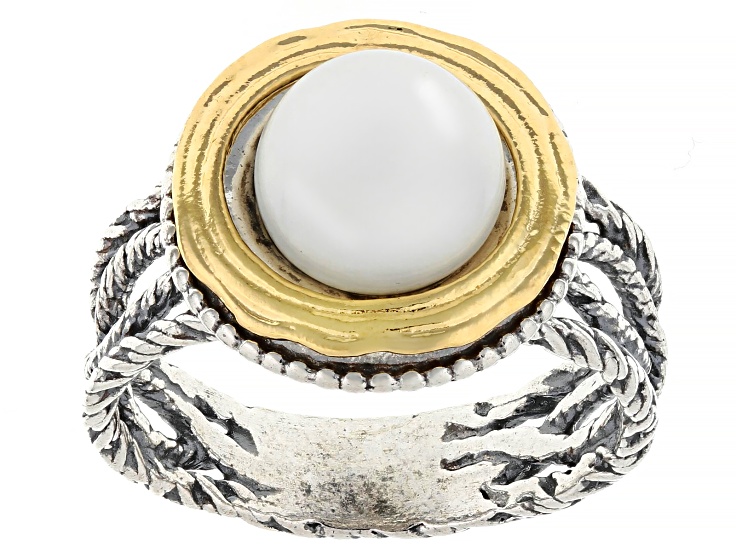Cultured Freshwater Pearl Two-Tone Sterling Silver & 14K Gold Over Silver Textured Ring, 8.5-9mm