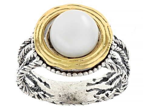 Cultured Freshwater Pearl Two-Tone Sterling Silver & 14K Gold Over Silver Textured Ring, 8.5-9mm