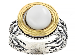 Cultured Freshwater Pearl Two-Tone Sterling Silver & 14K Gold Over Silver Textured Ring, 8.5-9mm