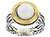 Cultured Freshwater Pearl Two-Tone Sterling Silver & 14K Gold Over Silver Textured Ring, 8.5-9mm