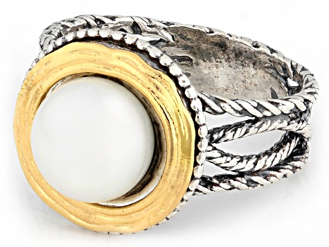 Cultured Freshwater Pearl Two-Tone Sterling Silver & 14K Gold Over Silver Textured Ring, 8.5-9mm