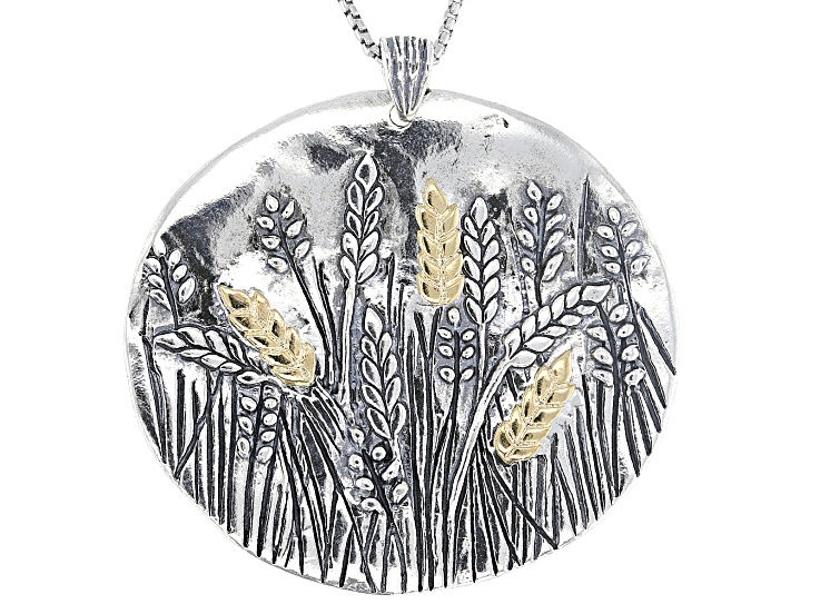 Two-Tone Sterling Silver & 14K Yellow Gold Over Silver Wheat Design Pendant With 18" Box Chain