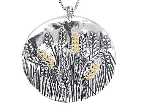 Two-Tone Sterling Silver & 14K Yellow Gold Over Silver Wheat Design Pendant With 18" Box Chain