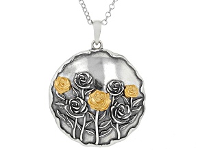 Two Tone Sterling Silver &14K Gold Over Silver Rose Pendant With 18" Rolo Chain