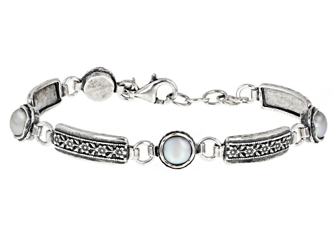 Cultured Freshwater Pearl Sterling Silver Floral Design Station Bracelet, 6.5-7mm