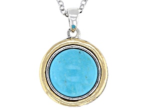 Two-Tone Sterling Silver & 14K Gold Over Silver Turquoise Pendant 18" Rolo Chain, 12mm