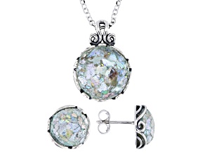 Roman Glass Lace Design Sterling Silver Pendant with 18" Chain & Earring Set, 14mm & 10mm