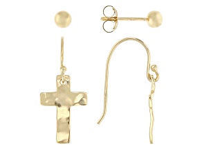 14K Yellow Gold Over Sterling Silver Cross & Stud Earring Set