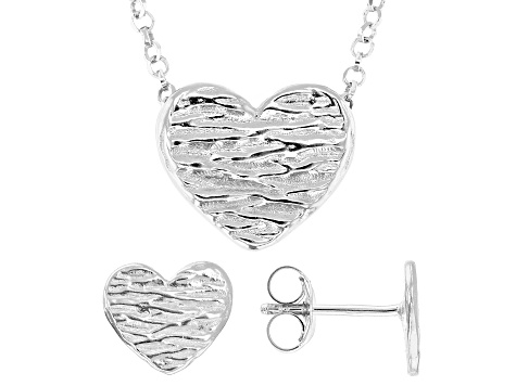 【出回り少】 RILY Original HeartEarring Silver Sterling Silver Textured Heart Earring & Necklace Set - SPZ333B | JTV