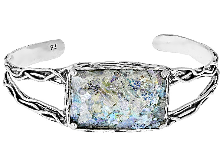 Roman Glass Sterling Silver Cuff Bracelet, 28x21mm
