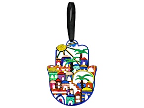 Hand Painted Multi-Color Enamel Stainless Steel Jerusalem Scene Hamsa Hand Ornament