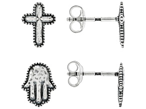 Sterling Silver Cross & Hamsa Hand Earring Set