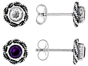 White Topaz & Amethyst Sterling Silver Stud Set of 2, 1.0ctw