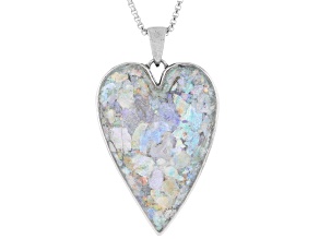 32x22mm Roman Glass Sterling Silver Elongated Heart Pendant With 18" Box Chain