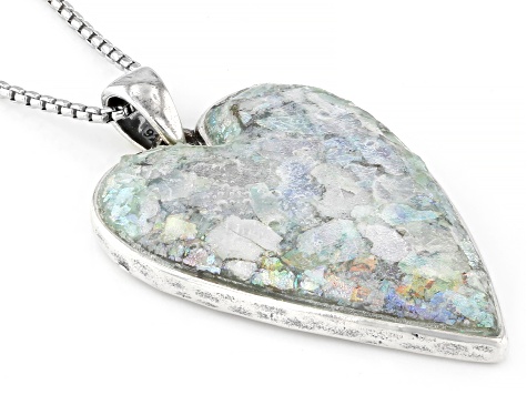 32x22mm Roman Glass Sterling Silver Elongated Heart Pendant With 18" Box Chain