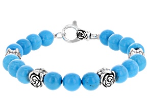 Blue Magnesite Sterling Silver Rose Station Bracelet, 8mm