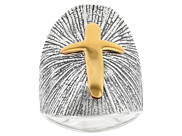 Two Tone Sterling Silver & 14K Gold Over Silver Cross Ring