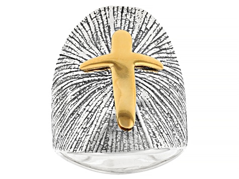 Two Tone Sterling Silver & 14K Gold Over Silver Cross Ring