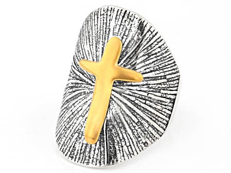 Two Tone Sterling Silver & 14K Gold Over Silver Cross Ring