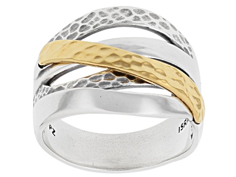 Two Tone Sterling Silver & 14K Gold Over Silver Textured Ring