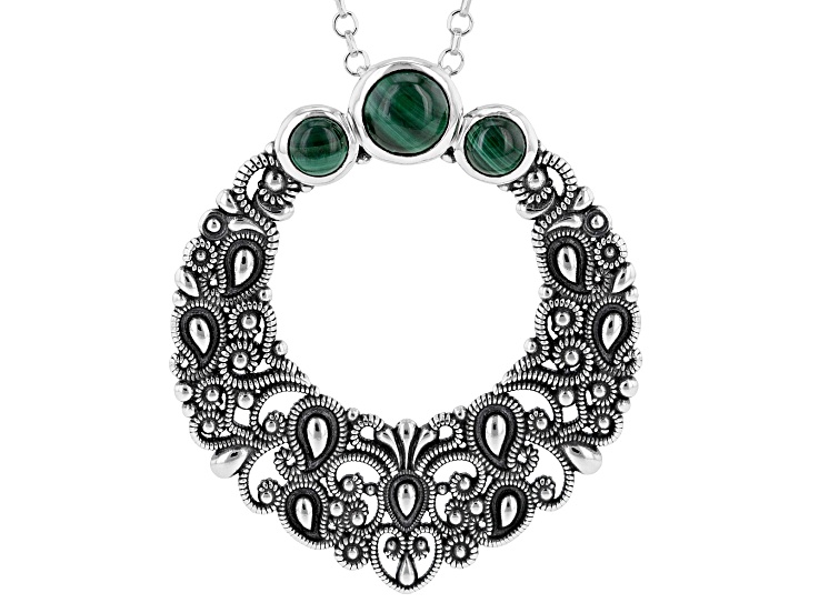 Malachite Sterling Silver Lace Pendant With 18"L Cable Chain, 4 & 6mm